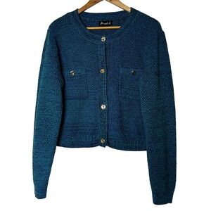 Marled Knit Cardigan Size L Sweater Womens Gold Button Front Blue Green Metallic